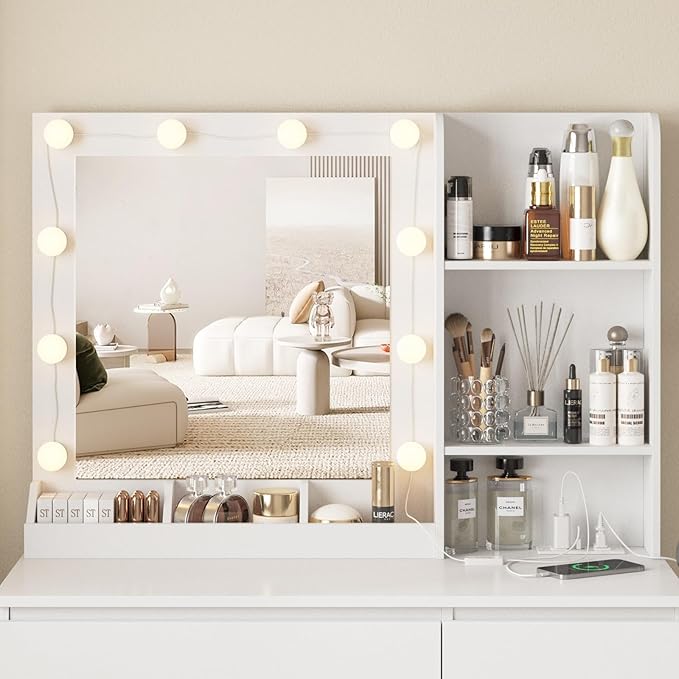 Vabches Vanity, Makeup Vanity Desk Set with Mirror & Light, Dressing Table Storage Lots with Power Strip, 3 Lighting Modes with Adjustable Brightness, 37 Inches (White) (White with Stool)
