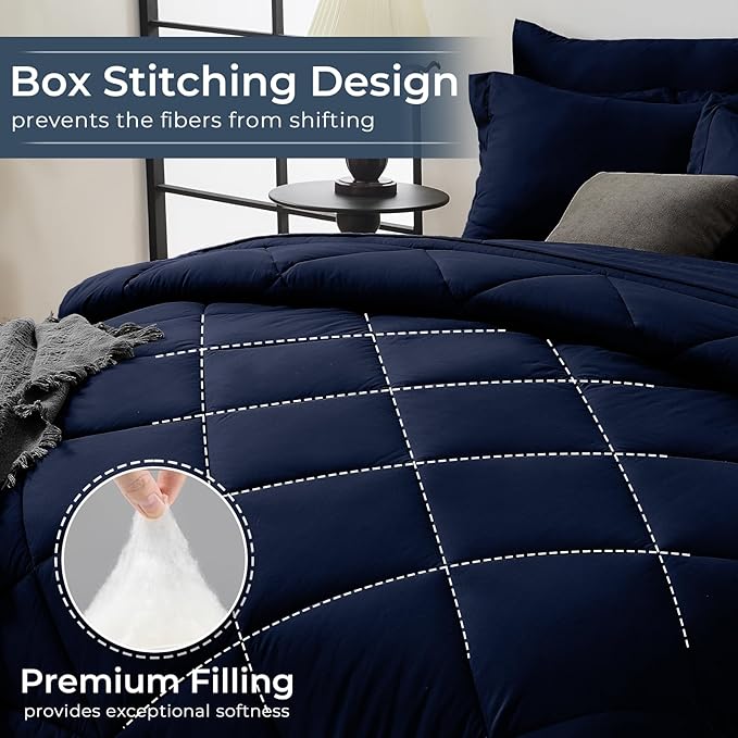 HEVUMYI Navy Blue Cali-King Comforter Set - 7-Piece All Season Bed in a Bag Cali-King, Ultra Soft Bedding Set with Comforter, Flat Sheet, Fitted Sheet, Pillowcases, Pillow Shams, Navy Blue
