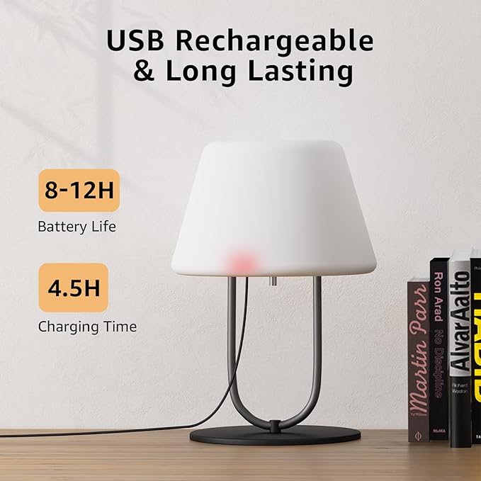 FUYO Small Bedside Table Lamp for Bedroom, Water-Resistant Rechargeble Shower Lamp, Dimmable Touch Control Lamps, Night Light for Bathroom Living Room Patio Camping, 9in(Black)