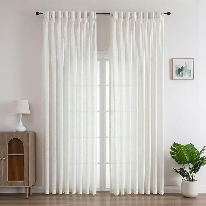 Neutral Linen Sheer Pinch Pleated Sliding Door Curtains, 2x50 Inches Width, Ivory Beige Light Filtering Drapes 108 Inches Long, Textured Farmhouse Floor to Ceiling Window Curtain Panels