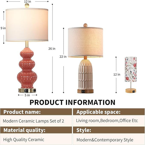 26" Triple Gourd Ceramic Table Lamps Set of 2,Modern Orange Bedside Lamps USB A+C Ports & AC Outlet -Ceramic Nightstand Lamps for Bedroom, 3 Way Touch Control Contemporary Living Room End Tables