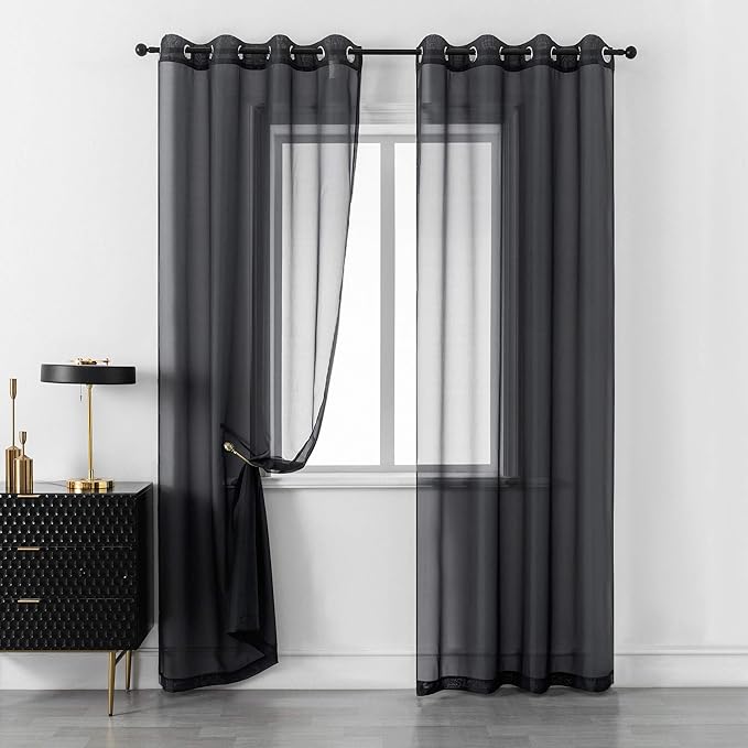 DUALIFE Black Curtains 108 Inches Long for Living Room 2 Panels Grommet Window Semi Sheer Extra Long Curtains for High Ceiling Bedroom Party Parties Backdrop 52X108 Inches 9 FT Floor Length