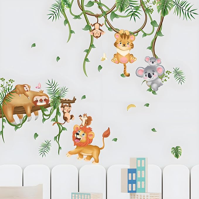 Jungle Animal Wall Stickers Sloth Koala Lion Tiger Safari Wall Decals Kid Room Nursery Baby Bedroom Décor