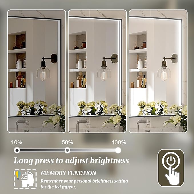 40x28 Inch LED Bathroom Mirror, Black Metal Framed Lighted Mirror for Bathroom, Wall Mouted LED Vanity Mirror with Lights, 3 Colors and Stepless Dimmable, Anti-Fog, Memory