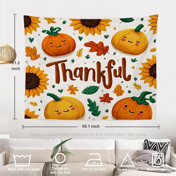 Batmerry Thankful Fall Pumpkins Tapestry, Happy Pumpkins Sunflowers Maple Leaves Wall Art Hanging Decoration Polyester Fiber White Ruffled Around for Dorm Room Bedroom Living Room, 51.2x59.1 inches