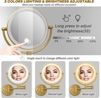 Make up Mirror Wall Mounted Lighted 10X Magnifying Hard Wired, Double Sides 3 Color Lighting Touch Dimming, 360 Swivel Extended Arm Shaving Light up Mirror for Bathroom, Antique Brass