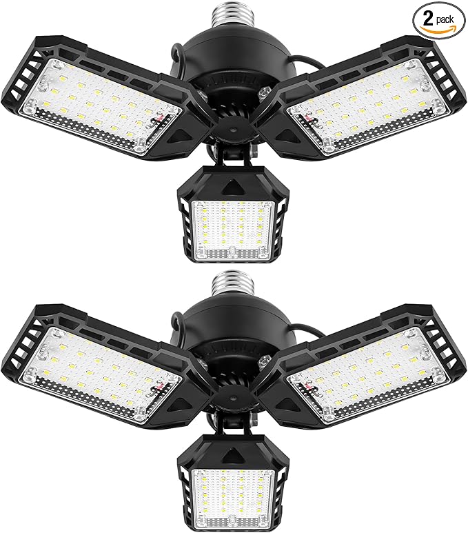 LED Garage Lights 2 Pack -80W, 8000LM 6500K Led Shop Light with 3 Deformable Panels, Basement Barn Light Garage Ceiling Lights, E26 for Garage, Warehouse, Shop, Basement