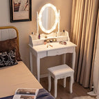 CHARMAID Girls Makeup Vanity Desk with Lights, Vanity Table with Lighted Mirror, 3 Lighting Modes, Adjustable Brightness, Modern Makeup Table with 3 Drawers and Stool for Small Space (White)