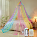 Obrecis Bed Canopy with Lights, Rainbow Bed Canopy for Girls Princess,Canopy Bed Curtains Bedroom Decor for Girls,Fits Single, Twin, Full, Queen Size Kids