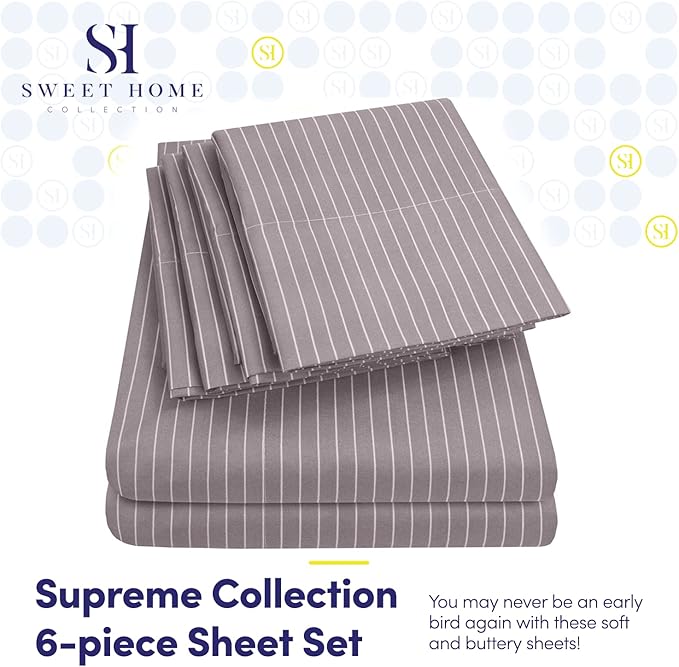 King Size Bed Sheets - 6 Piece 1500 Supreme Collection Fine Brushed Microfiber Deep Pocket King Sheet Set Bedding - 2 Extra Pillow Cases, Great Value, King, Pinstripe Gray