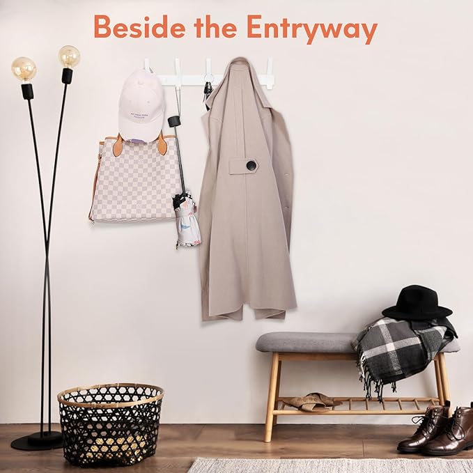 Coat Rack Wall Mount, Coat Hook Wall Mount, Wall Hooks for Hanging, Hat Rack for Walls, Coats Hanger with 10 Hook, Towel Hooks for Bathrooms (1 Pack, White)