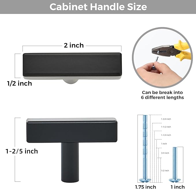 5 Pack Black Cabinet Knobs - Sqaure Bar Cabinet Pulls Matte Black Knobs for Kitchen Drawer Stainless Steel Dresser Pulls for Kitchen Hardware 2in Length Single Hole