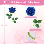 BLEUM CADE 100 Pcs Blue Roses Artificial Flowers, Real Touch Velvet Roses Fake Flowers Bulk, Artificial Roses Bouquet with Long Stems Bridal DIY Wedding Party Centerpiece Decorations
