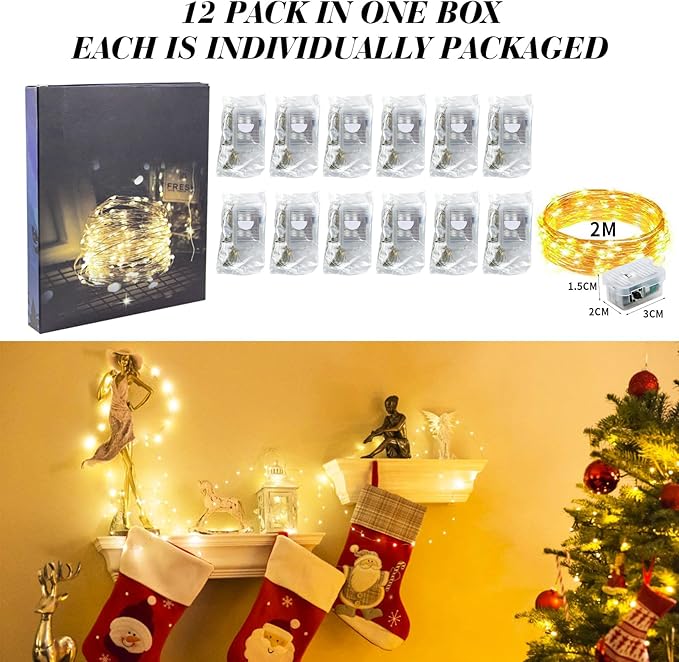 ZGWJ 12 Pack Fairy Lights Battery Operated, 7ft 20 Mini LED Fairy String Lights Silver Wire 3 Modes for DIY, Parties, Wedding, Bedroom, Halloween Christmas Decoration Warm White