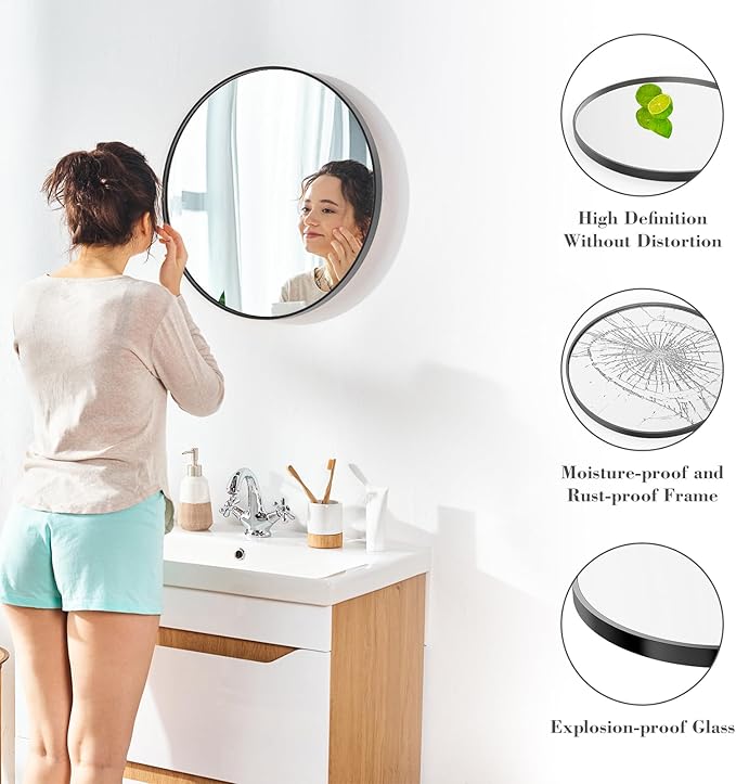 Sweetcrispy Black Round Wall Mirror 20 Inch, Bathroom Mirrors for Over Sink, Wall Decor for Bathroom, Entryway, Bedroom, Vanity