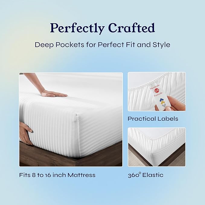 California Design Den Striped Queen Sheet Set - Soft 400 Thread Count Sateen, Natural 100% Cotton Sheets with Deep Pockets, Cooling and Durable Bedding Set - Striped White