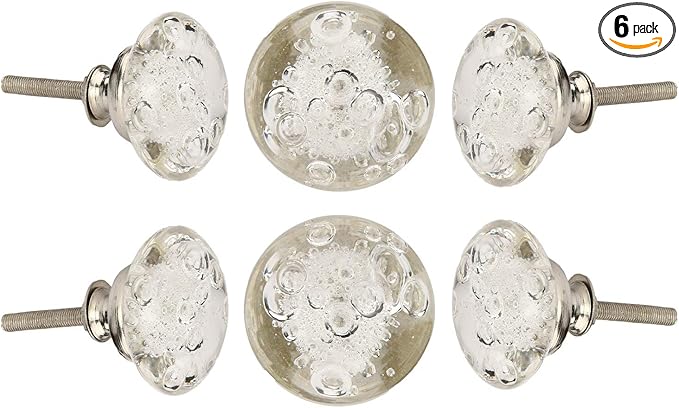 Perilla Home Set of 6 Crystal Bubble Knobs Decorative Glass Knobs for Home Kitchen Cabinet Vintage Hardware Cupboard Door Dresser Wardrobe Drawer Pulls (Clear)