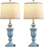 27.5" Set of 2 Farmhouse Table Lamps for Bedroom, 3 Way Dimmable Bedside Lamp with 2 USB +AC Outlet Nightstand Lamps for Living Room Resin Rustic Touch Lamps(Antique Blue)