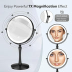 Nicesail 8” Desk Mirror with Light Dimmable 3 Colors Lighting, Magnifying Mirror with Lights and 1X/7X Magnification Makeup Vanity Mirror with Lights, Makeup Mirror for Home Hotel Desktop, Black 7X