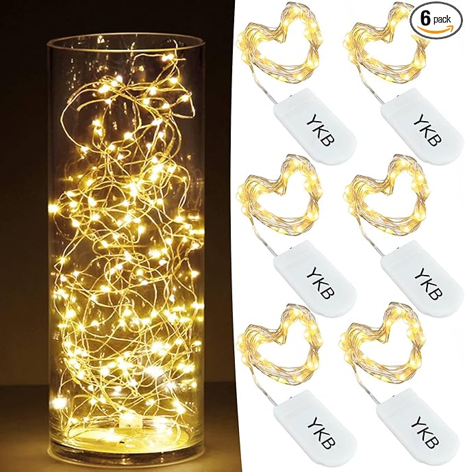 YKB 6 PCS Fairy Lights LED Starry String Lights with 20 Micro LEDs on 3.3FT/1m Copper Wire, Powered by 2xCR2032(Incl) Batteries, for Wedding Party Holiday Halloween Christmas Decorations, Warm White