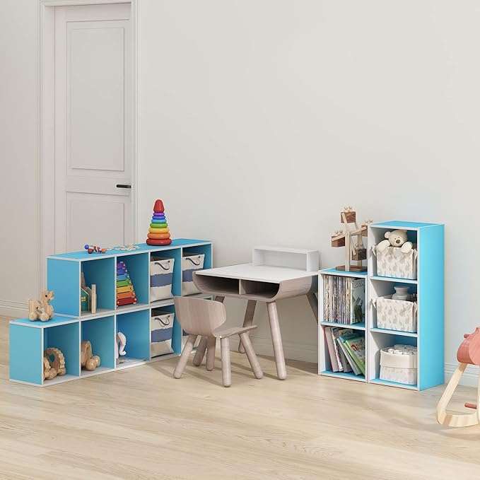 Furinno PASIR Book Shelf, 4-Tier Modern Bookshelf, Open Shelves Bookcase 9" x 12" x 42", for Living Room, Bedroom, Home Office, Light Blue/White