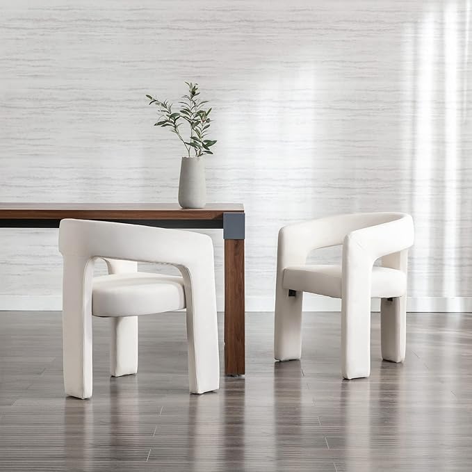 Modern Barrel Dining Chairs Set of 3, Velvet Upholstered Accent Side Chair with Arms Comfy Makeup Vanity Chairs, Dining Living Room Kitchen Chairs, Beige
