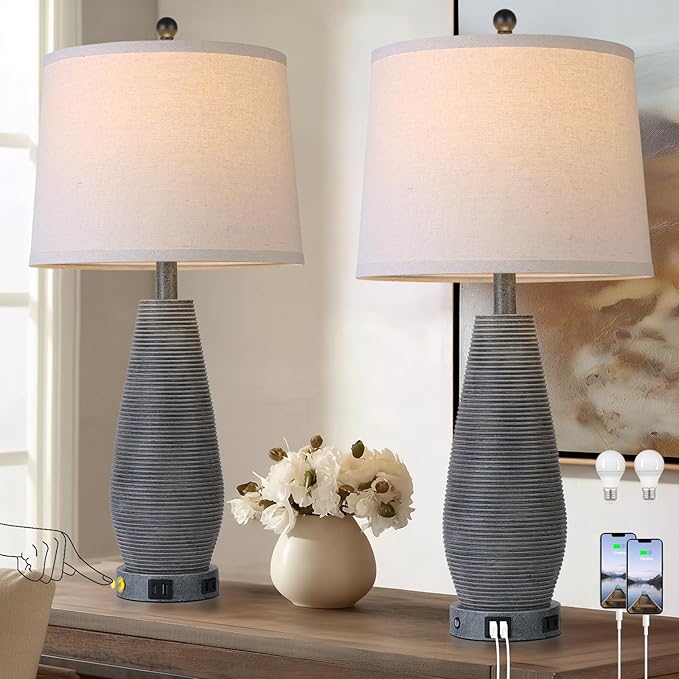 Farmhouse Table Lamps Set of 2 with USB C+A Ports and AC Outlet, 3 Way Touch Rustic Bedside Lamps for Living Room, 26.5" Grey Vintage Lamps for Bedroom Nightstand