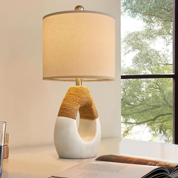 OYEARS 19” Boho Table Lamps Bedroom Living Room,Suitable for Small Space,Farmhouse Rattan Lamp Rustic Egg Design Resin Nightstand Bedside Lamps for Bedroom Living Room Office Study Rest Decor