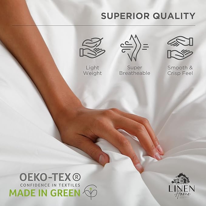 Linen Home 100% Cotton Percale Sheets California King Size, White, Deep Pocket, 4 Pieces Set - 1 Flat, 1 Deep Pocket Fitted Sheet and 2 Pillowcases, Crisp Cool and Strong Bed Linen