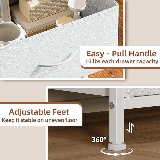 Somdot Tall Dresser for Bedroom with 5 Drawers, Storage Organizer Chest of Drawers with Removable Fabric Bins for Closet Bedside Living Room Laundry Entryway Hallway, White Leather