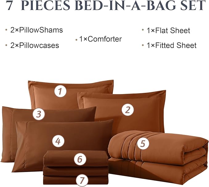 Monbix Queen Comforter Set - 7 Pieces Burnt Orange Bed in a Bag Queen Bedding Sets with Comforters, All Seasons Fall Comforter Bed Set with Sheets,Pillowcases & Shams