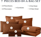 Monbix Queen Comforter Set - 7 Pieces Burnt Orange Bed in a Bag Queen Bedding Sets with Comforters, All Seasons Fall Comforter Bed Set with Sheets,Pillowcases & Shams