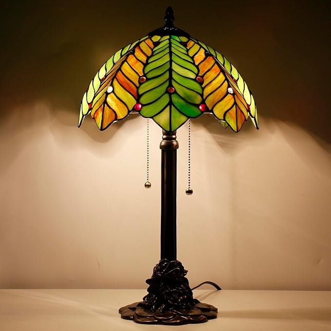 Tiffany Stained Glass Table Lamp 12X12X21Inch Resin Base Desk Bedroom Living Room Reading Light (Brown Green Leaf)