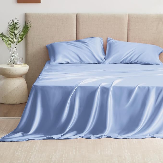 Love's cabin Satin Queen Sheets Set - 4 Piece Sky Blue Silky Bed Sheets with Deep Pocket, Luxury Silk Feel Satin Queen Size Sheet Set (1 Flat Sheet,1 Fitted Sheet,2 Pillow Cases)