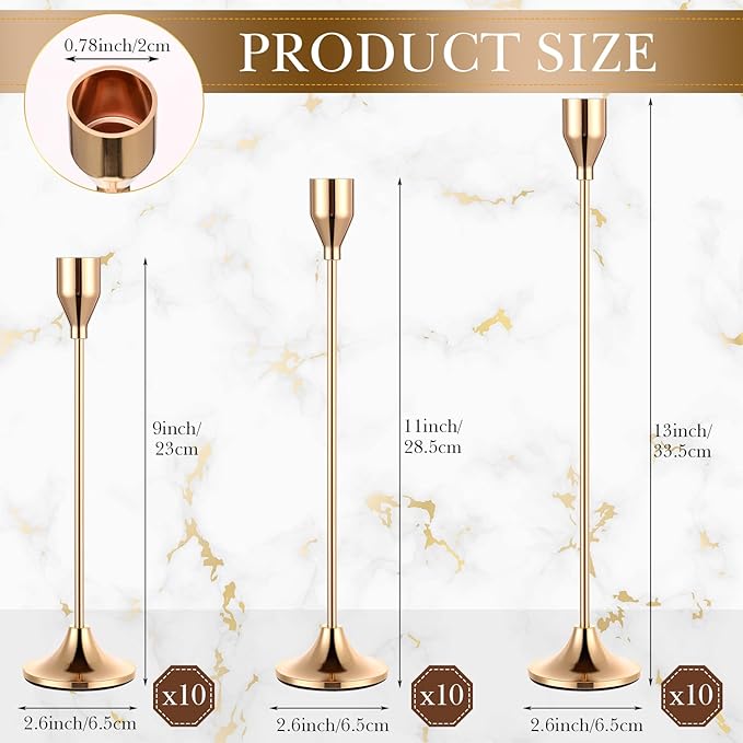 Mumufy 30 Pcs Candle Holders Taper Candlestick Metal Tall Candle Holders Table Centerpieces for Wedding Party Home Decorations, Fits 3/4'' Thick(Gold)