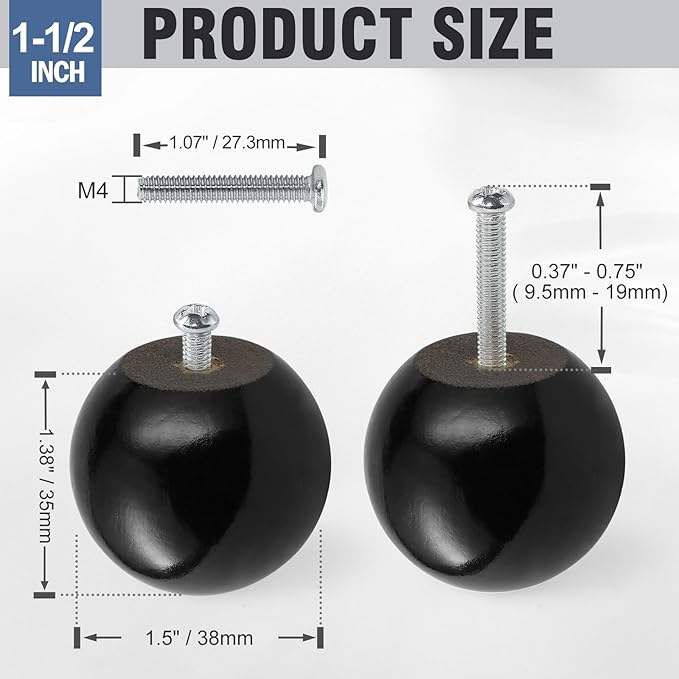 FoDau770 15pcs Black Wood Knobs, Round Ball Cabinet Knobs Vintage Drawer Pulls, Natural Wooden Cabinet Hardware for Furniture Drawer Dresser Wardrobe Cupboard - 1-1/2" Diameter