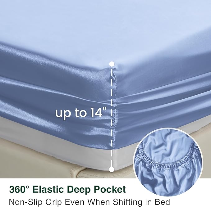 Love's cabin Satin Queen Sheets Set - 4 Piece Sky Blue Silky Bed Sheets with Deep Pocket, Luxury Silk Feel Satin Queen Size Sheet Set (1 Flat Sheet,1 Fitted Sheet,2 Pillow Cases)