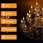 20-Pack E12 Candle Light Bulbs 40W Warm White 2500K, 380 Lumen Dimmable Chandelier Light Bulbs for Ceiling Fan, Pendants or Outdoor, CA10 Clear Candelabra Base Bulbs