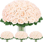 BLEUM CADE 100 Pcs Champagne Roses Artificial Flowers, Real Touch Velvet Roses Fake Flowers Bulk, Artificial Roses Bouquet with Long Stems Bridal DIY Wedding Party Centerpiece Decorations