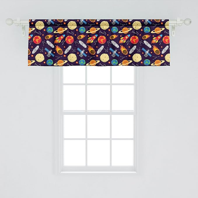 Ambesonne Space Window Valance, Universe Themed Illustration with Earth Moon Constellations Saturn Rockets Stars, Curtain Valance for Kitchen Bedroom Decor with Rod Pocket, 42" x 18", Dark Night Blue