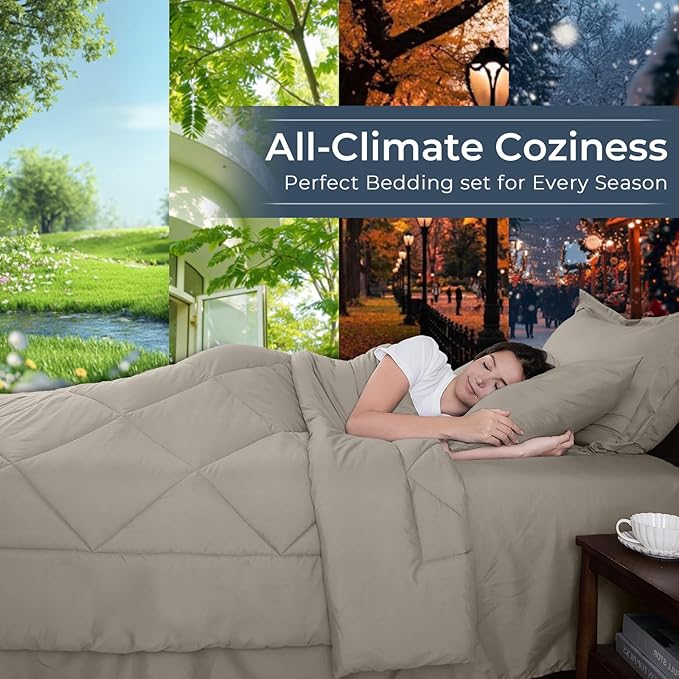 HEVUMYI Oatmeal California King Comforter Set - 7-Piece All Season Bed in a Bag Cal King, Ultra Soft Bedding Set with Comforter, Flat Sheet, Fitted Sheet, Pillowcases, Pillow Shams