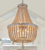 Q&S Farmhouse Wood Beaded Chandelier,Oak White 8-Lights Retro Vintage Antique Rustic Boho Pendant Light Fixture for Foyer Living Room Bedroom Kitchen Dining Room Office Nursery UL Listed