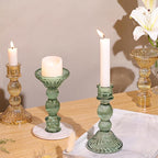 DARJEN 2 Pcs Green Candlestick Holders - Vertical Stripe Glass Candle Holders for Taper and Votive Candles, Taper Candle Holder for Home, Wedding, Decor & Table Centerpieces