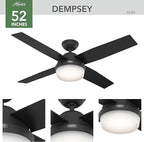 Hunter Fan Company, 52388, 52 inch Dempsey Matte Black Ceiling Fan with LED Light Kit and Handheld Remote