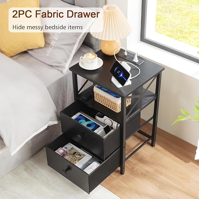 AMHANCIBLE Night Stand Set 2, LED Nightstand with Charging Station, End Tables Living Room with Fabric Drawers, Bedside Table for Bedroom, Black, HET052LBK