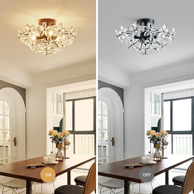 WUZUPS Crystal Chandelier Flushmount Ceiling Light Modern Lighting Fixture for Bedroom Hallway Bar Kitchen Bathroom, H 8.9" x W 17.7", Black, E12 Base