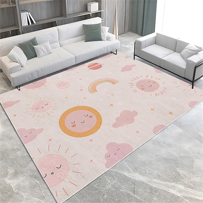 Living Room Area Rug 5x8 ft Cartoon Sun Rainbow Washable Non-Slip Area Rug, 3D Print Low-Pile Carpet for Bedroom, Kids Room, Nursery, Home Decor Rugs