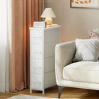 Somdot Narrow Dresser with 4 Drawers, Slim Storage Organizer Chest of Drawers with Removable Fabric Drawers for Small Spaces Bathroom Closet Bedroom Laundry, White Leather
