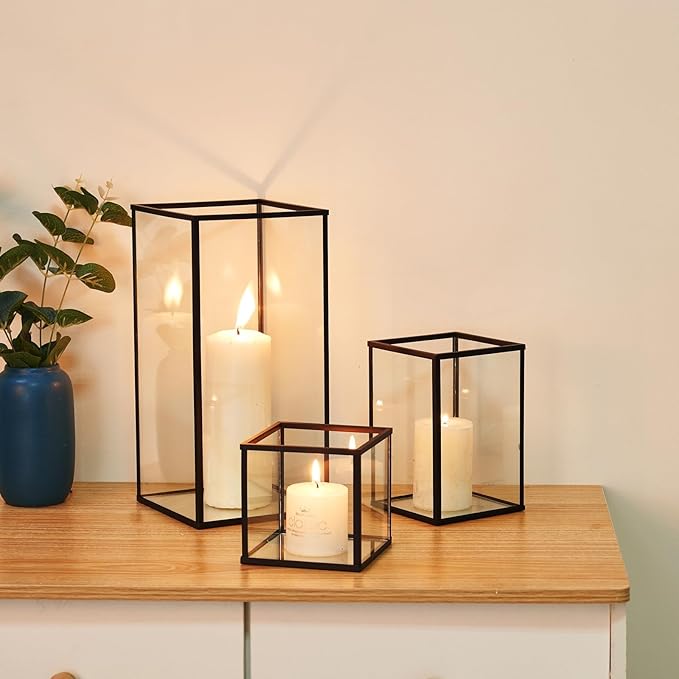 PHOSPHOR Glass Hurricane Candle Holder Set of 3 PCS Black Hurricane Candleholders for Wedding Party Holiday Birthday Home Decor Lanter