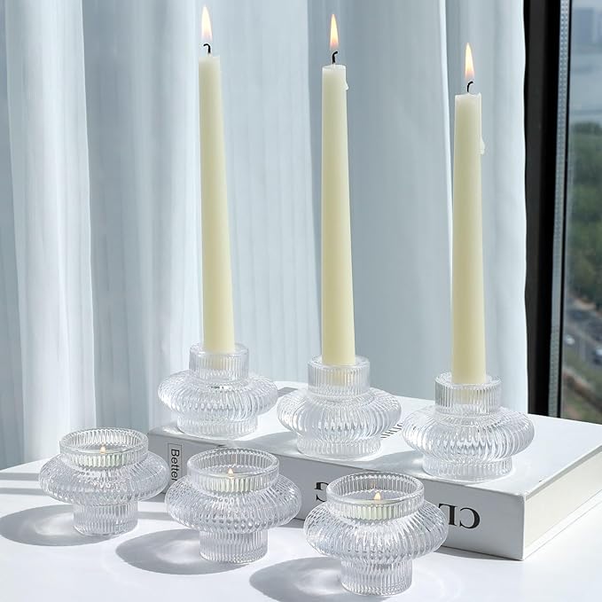 VOHO 12pcs Taper Candle Holders Ribbed Glass, Stylish Boho Candle Holder Stackable and Reversible for Candlesticks & Votive Candles, Clear Candle Sticks Holder Decor for Dining Table Centerpiece